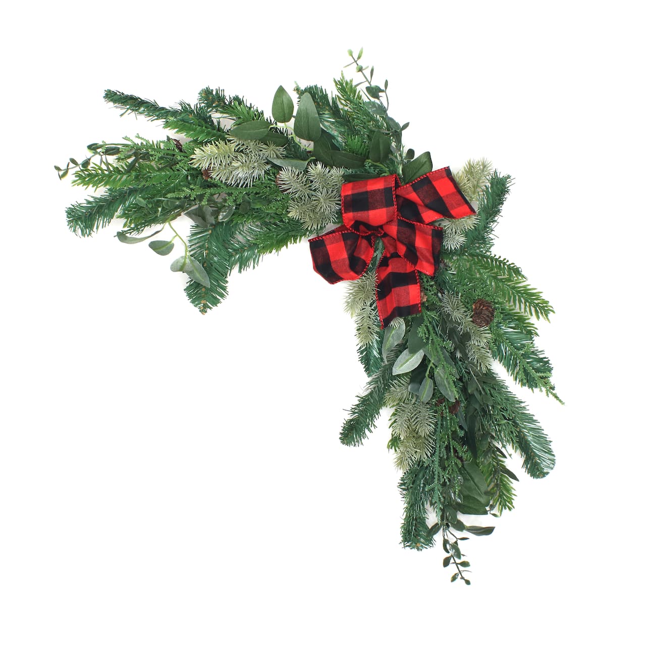 24" Mixed Pine, Leaves & Pinecone Corner Swags with Red Buffalo Check Bows, 2ct.